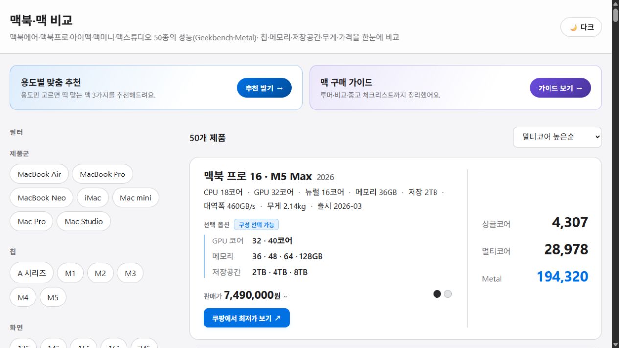 Mac 비교 서비스 화면